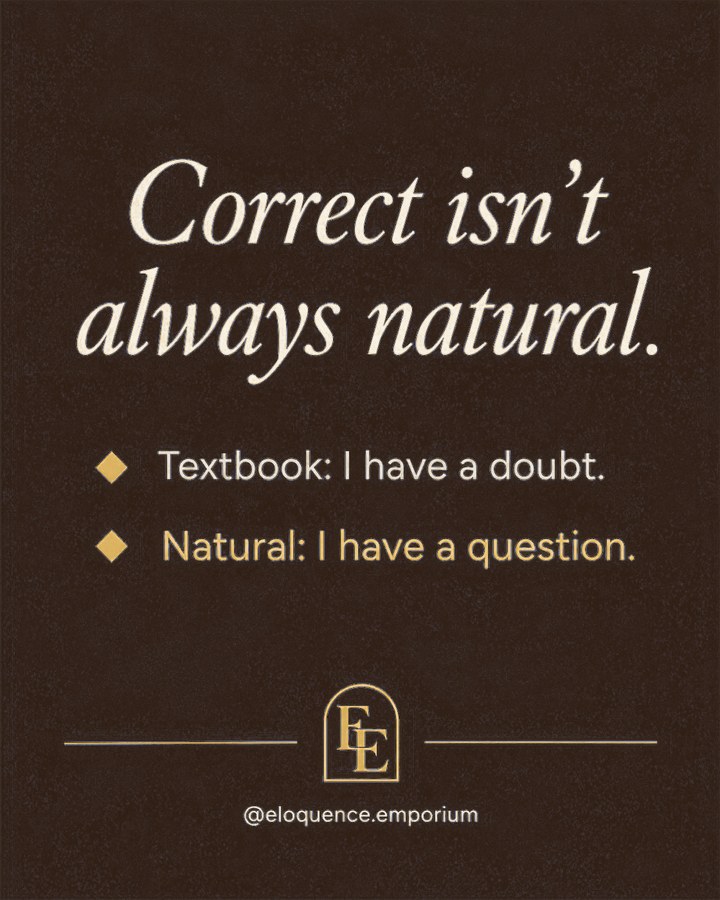 Lesson card: Correct isn't always natural. Textbook: I have a doubt. Natural: I have a question.