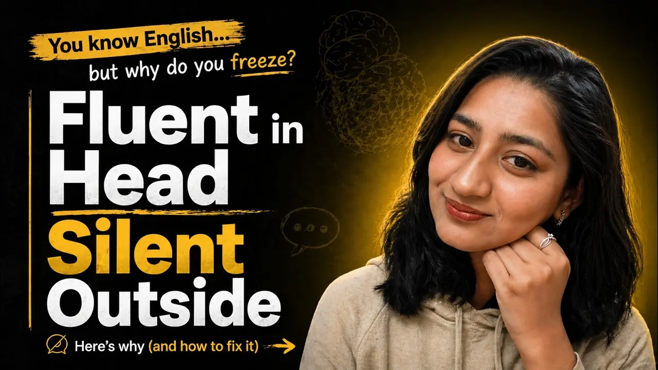 Thumbnail reading: Fluent in head, silent outside. Esther smiles with her chin resting on her hand.