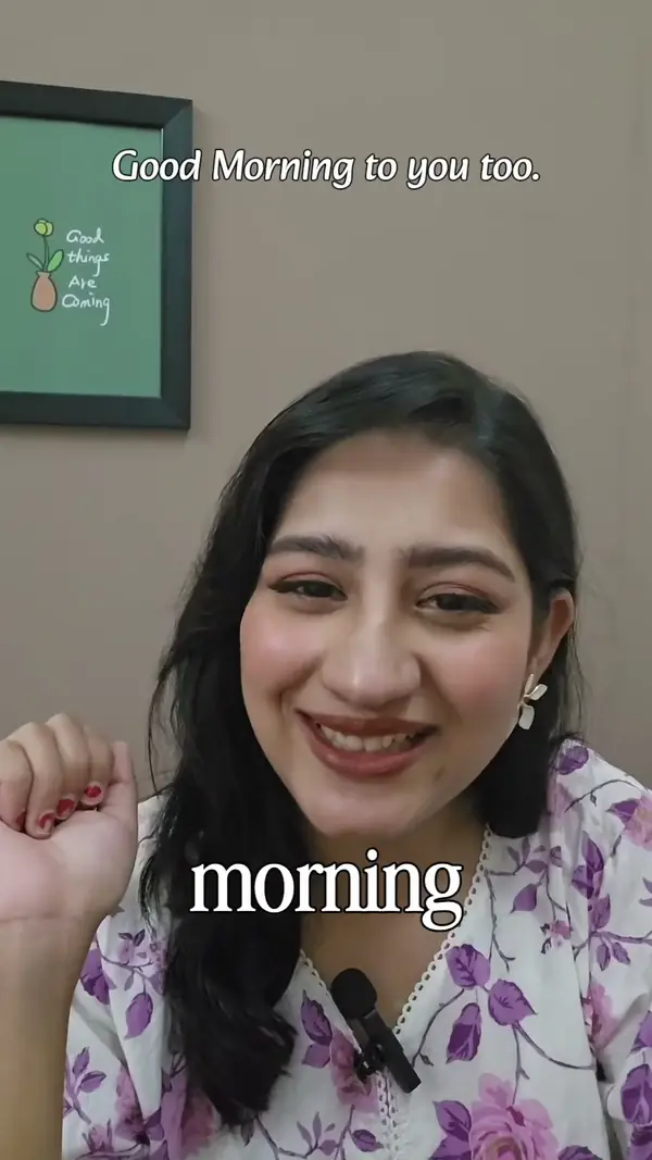 Esther in a lilac floral kurta mid-lesson, captioned: Good morning to you too.